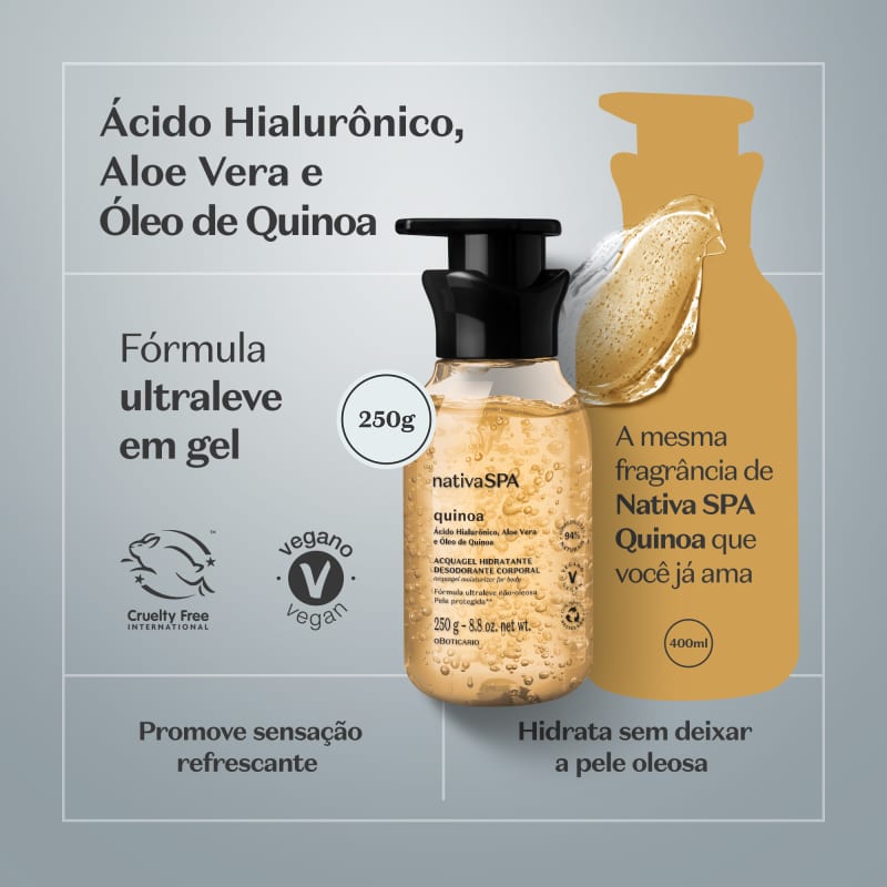 Hydratant Nativa SPA Quinoa Acquagel Déodorant Corps  250 g.                                             Une formule gel révolutionnaire, ultra-légère et rafraîchissante à l'acide hyaluronique, à l'aloe vera et à l'huile de quinoa.