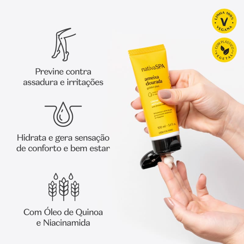 Nativa Spa Crème Anti-Friction Prune Dorée 100ml                                 Code: 11998                          Avec de l'huile de quinoa et de la niacinamide, minimise la friction cutanée, prévenir les éruptions cutanées